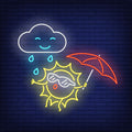 Cartoon Sun With Umbrella And Rain Neon Sign