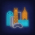 Chicago City Buildings And Cloud Gate Neon Sign