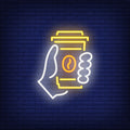 Hand Holding Disposable Coffee Cup Neon Sign