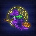 Moon And Witch Flying On Broom Neon Sign