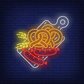 Pretzels, Sausages And Barley Ears On Cutting Board Neon Sign