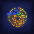 Pumpkin Face, Crow And Moon Neon Sign