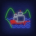 Sailing Ship Floating On Sea Waves Neon Sign