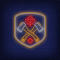Shield With Crossed Axes And Maple Leaf Neon Sign